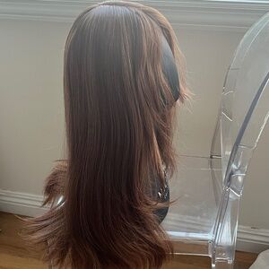 Stunning Human Hair Wig in Auburn/highlights, curtain bangs.